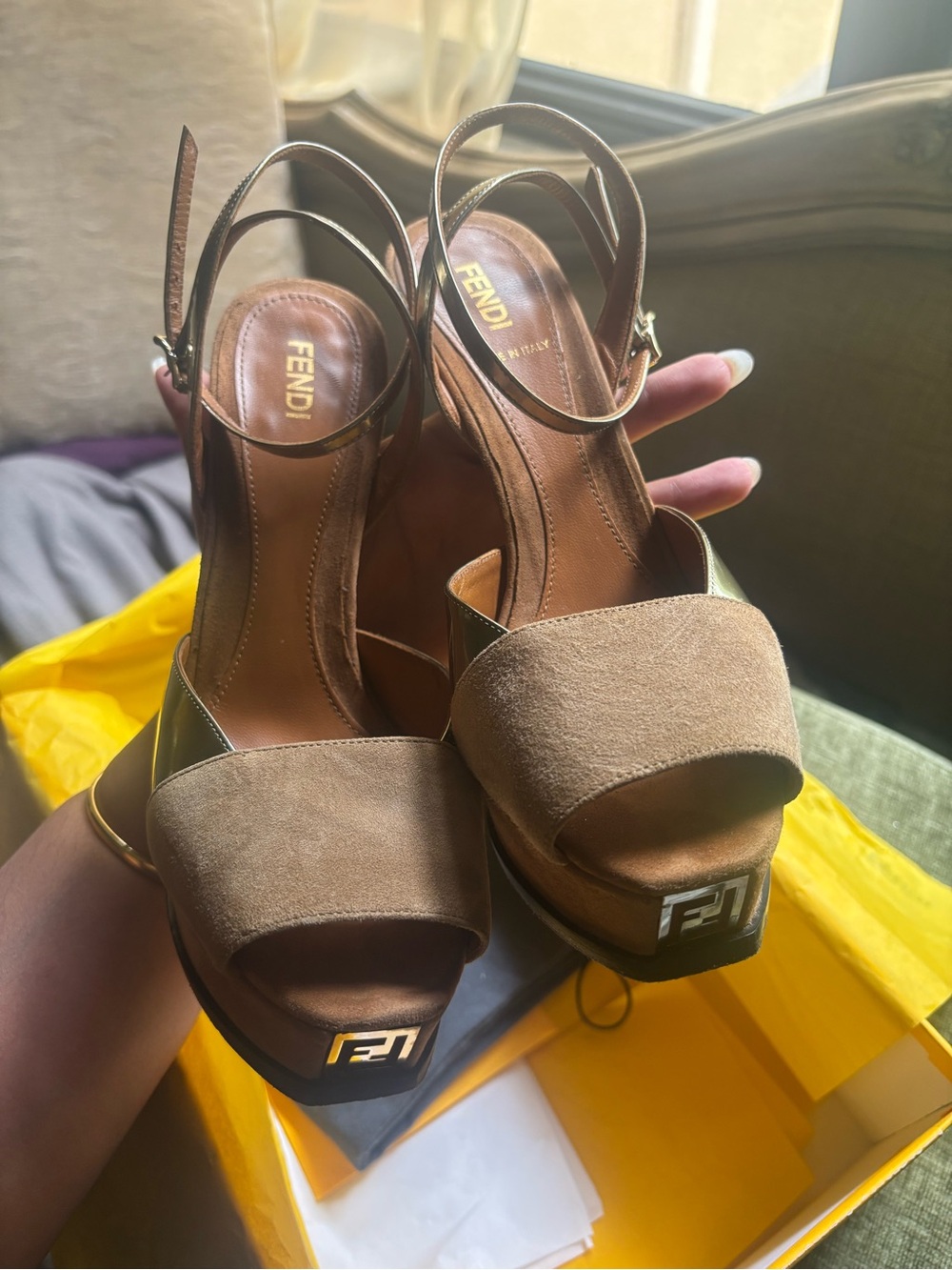 Fendi Tan Suede Platform Sandals with Gold Accents